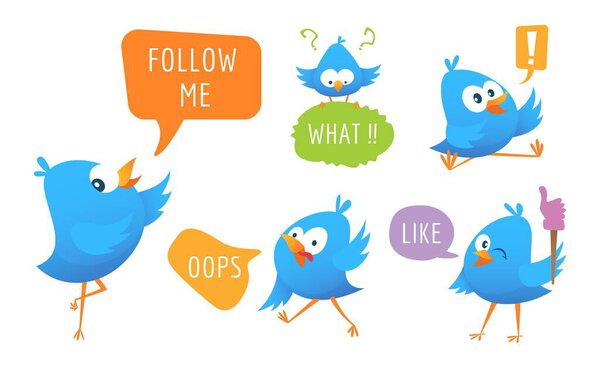 Blue bird messages. Cartoon animal with speech bubbles, social media cute stickers vector set. Illustration cartoon message from blue bird