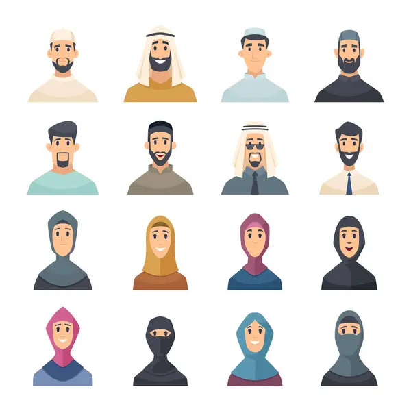 阿拉伯脸阿瓦塔穆斯林人物形象的阿拉伯男性和女性东部人向量集 图解阿凡达人物肖像穆斯林脸 — 图库矢量图片