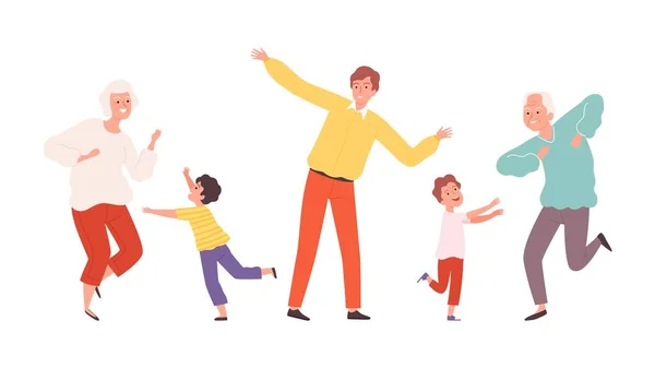 可爱的舞蹈家庭 年长的成人和儿童的密度字符 快乐的祖父母和孩子的病媒图解 家庭舞蹈 快乐地在一起 女孩和奶奶 — 图库矢量图片