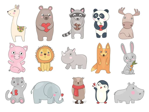 画的动物 有趣的野生动物玩具玩具玩具玩具玩具玩具的可爱例证 说明动物漫画 快乐狮子和熊猫 兔子和河马 — 图库矢量图片