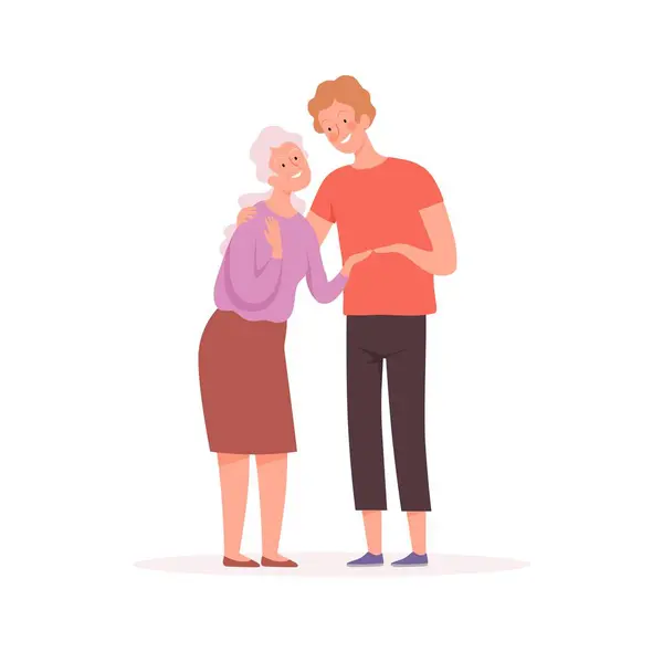 祖母と孫 高齢者の文字 高齢者の女性と少年 ソーシャルワーカーや相対的なベクトルイラスト 祖母と子供 幸せとの関係 — ストックベクタ
