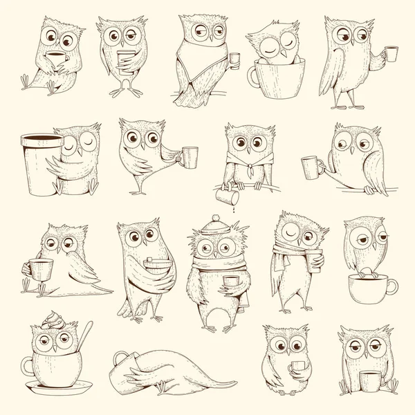 猫头鹰与杯子 睡眠概念鸟类的角色坐在咖啡杯病媒插图 鸟的睡眠画 涂鸦的幽默线条情感 — 图库矢量图片