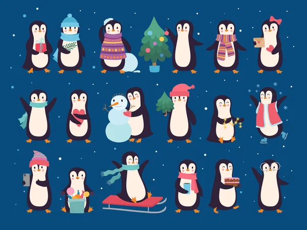 Pinguini Invernali Carino Selvaggio Baby Caratteri Nord Pinguini Animali Polo — Vettoriale Stock