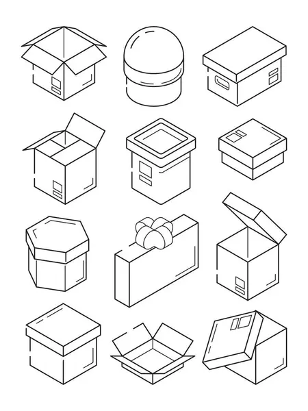 Ícone Isométrico Caixa Embalagem Exportação Papelão Pequeno Presente Com Símbolos — Vetor de Stock