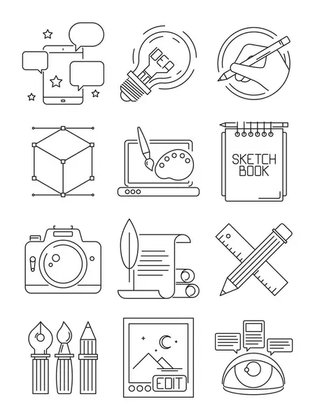 Creative line icons. Process of artists branding blogging graphic symbols vector arts isolated. Branding and prototyping, sketch tool for blogging illustration
