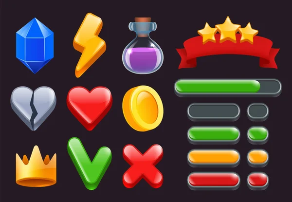 Game Kit Icons Stars Colored Ribbons Menus Status Bars Online — Stock Vector