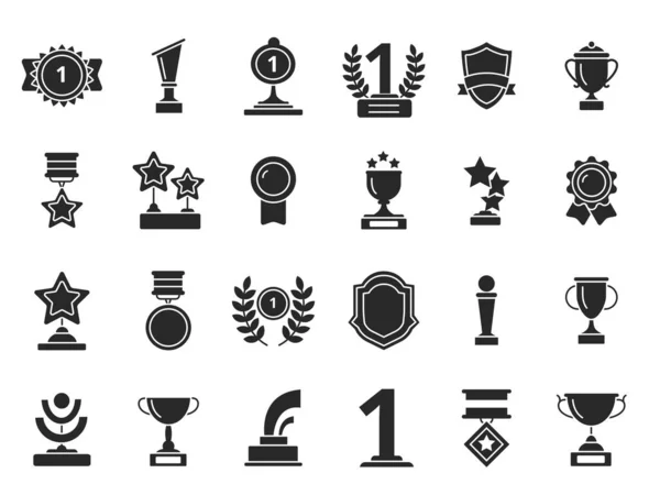 Winners Trophies Icons Cups Awards Medals Ribbons Vector Black Silhouettes — Stock Vector