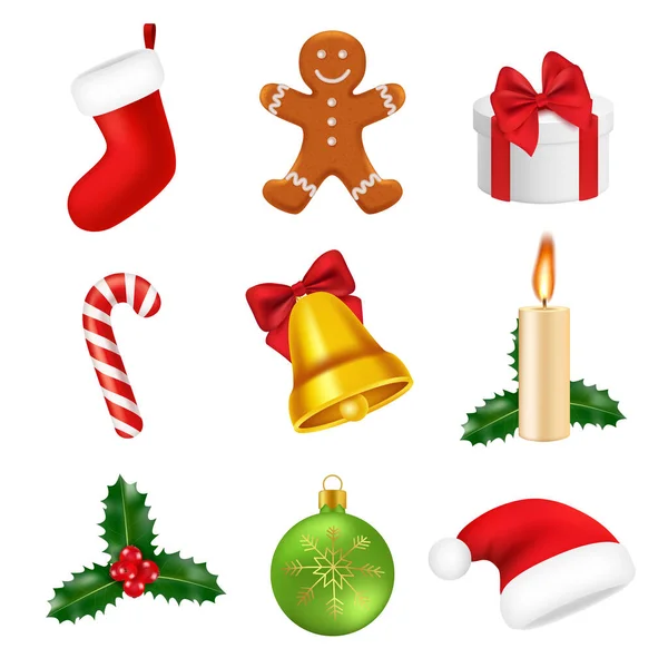Décorations Noël Réalistes 2019 Nouvelle Année Symboles Bonbons Arbres Verts — Image vectorielle