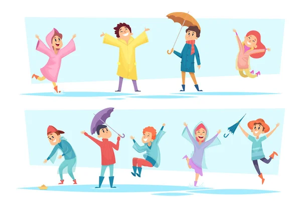 Deštivé Postavy Šťastné Děti Hrají Podzimních Loužích Pláštěnky Mokré Počasí — Stockový vektor