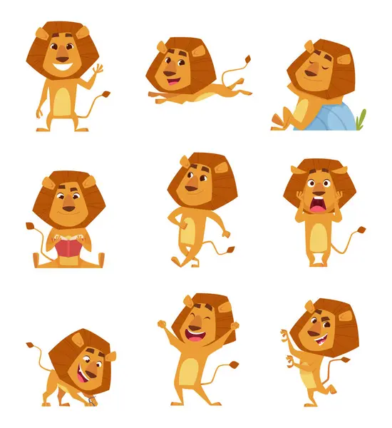 Wild Lion Cartoon Cute African Big Lions Mascot Various Poses — Stock Vector