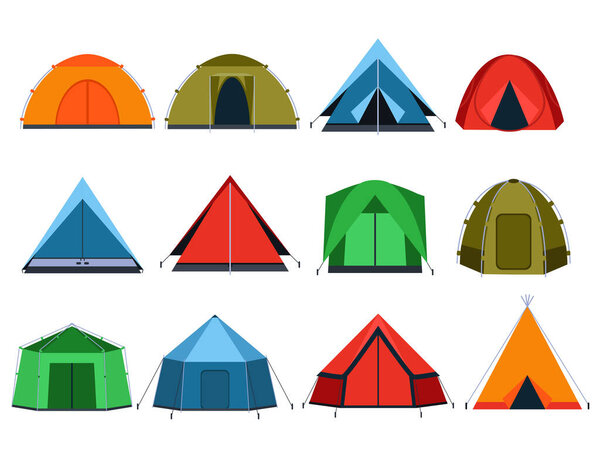 Different tourists tents for camping. Vector pictures in flat style. Tent for travel and journey, shelter tent for adventure illustration