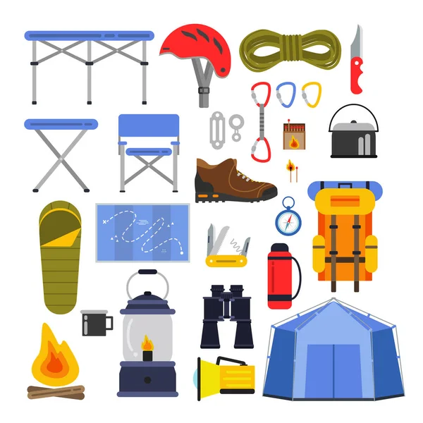 Equipment Hiking Climbing Camping Travel Vector Illustrations Set Equipment Travel — Stock Vector