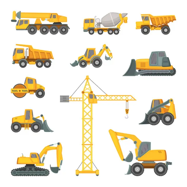 建設重機のマシン ショベル ブルドーザーおよび他の技術 ベクトル イラスト漫画のスタイルで ブルドーザーと掘りの設備機械 — ストックベクタ