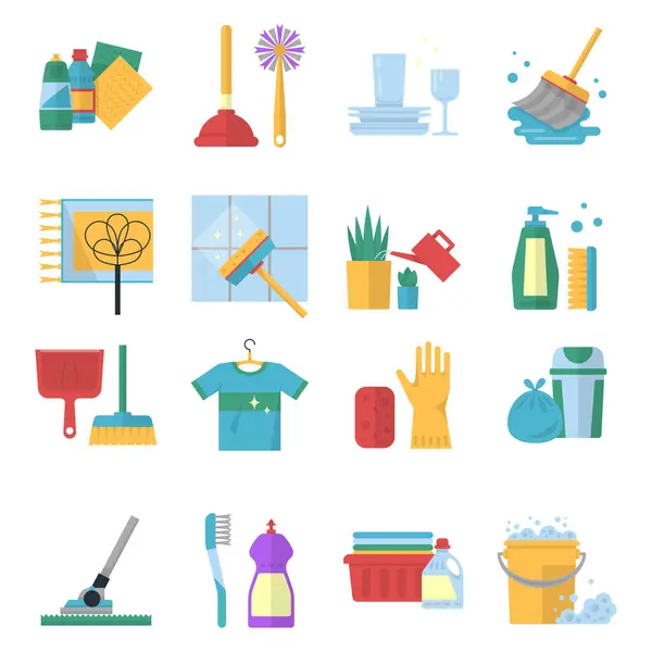 Vector Symbols Cleaning Services Cartoon Style Brush Dust Bucket Equipment — Stock Vector