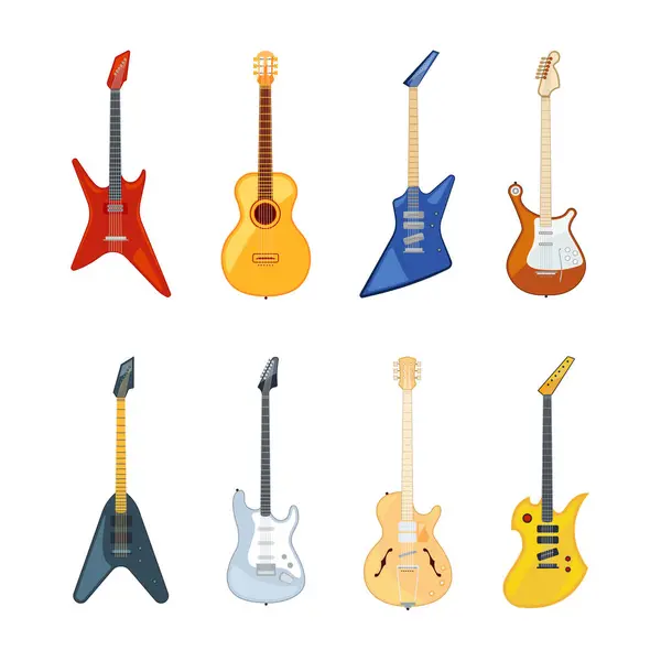 声学和摇滚吉他 矢量插图的平面样式 摇滚音乐或爵士乐的吉他乐器收藏指正 — 图库矢量图片