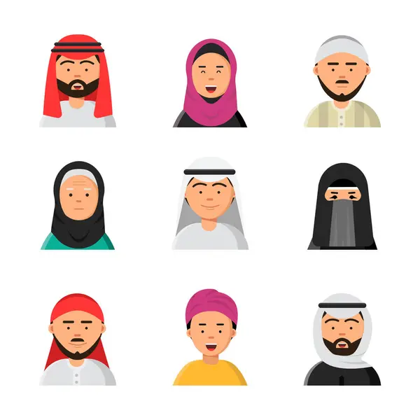 アラブのアバター 男性と女性のヒジャーブ Niqab の肖像画をイスラム教徒イスラム教のベクトルの Web 用フラット アイコン イスラム教徒の肖像アバター アラブの男性と女性のイラスト — ストックベクタ