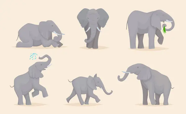 Slon Roztomilá Africká Divoká Zvířata Velká Silná Savana Sloni Různých — Stockový vektor