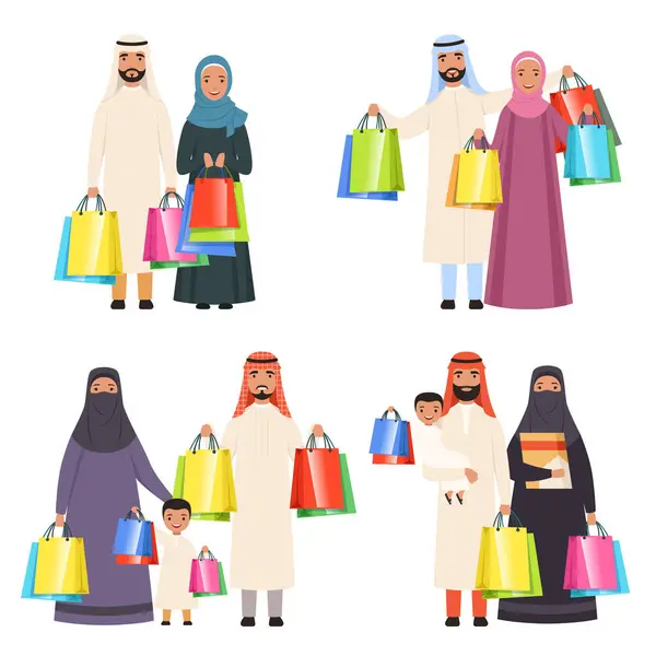 Emiraty Zakupy Rodziny Mężczyzna Kobieta Muzułmańska Szczęśliwych Ludzi Dzieci Rynku — Wektor stockowy