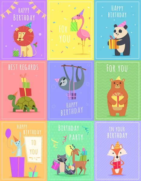 動物と誕生日カード 野生動物のシマウマ亀の色のベクトル カード ギフトお祝いにライオンおよび猿の文字 猿とライオンの誕生日カード イラスト — ストックベクタ