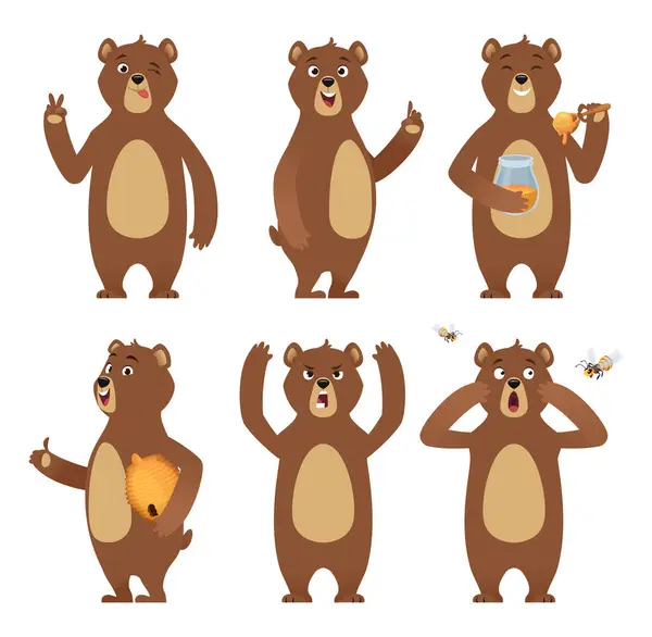 Brown Bear Cartoon Wild Animal Standing Different Poses Nature Characters — Stock Vector