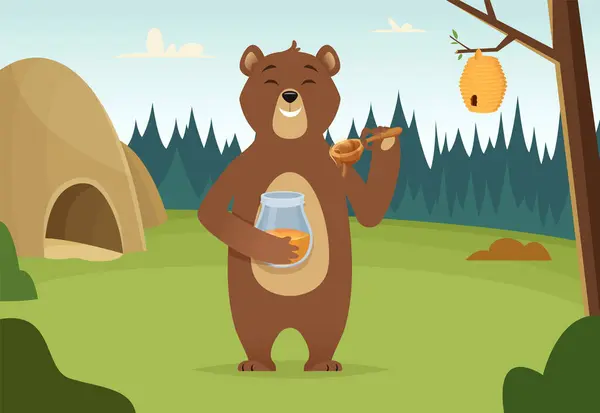 Brown Bear Honey Vector Cartoon Background Sweet Honey Bear Animal — Stock Vector
