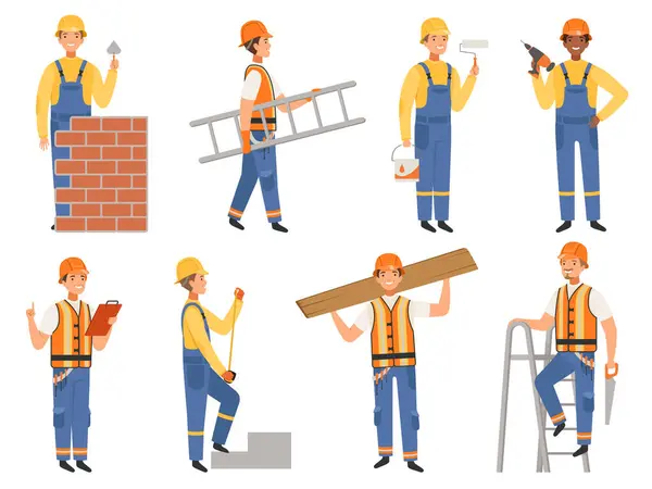 Builder Cartoon Character Funny Mascots Engineer Constructor Various Action Pose — Stock Vector