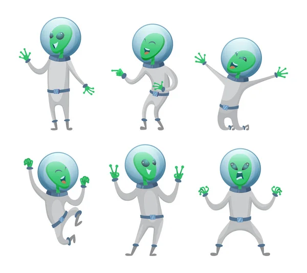 Cartoon aliens in various action poses. Humanoid alien funny character, vector illustration