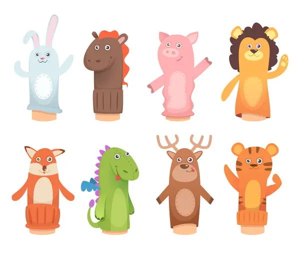 卡通木偶 娃娃从袜子上的手和手指木偶玩具为孩子向量滑稽的字符 狮子和恐龙 狐狸和老虎木偶玩具的插图 — 图库矢量图片