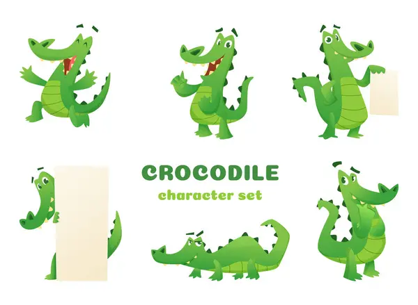 Cartoon Crocodile Characters Alligator Wild Amphibian Reptile Green Big Animals — Stock Vector