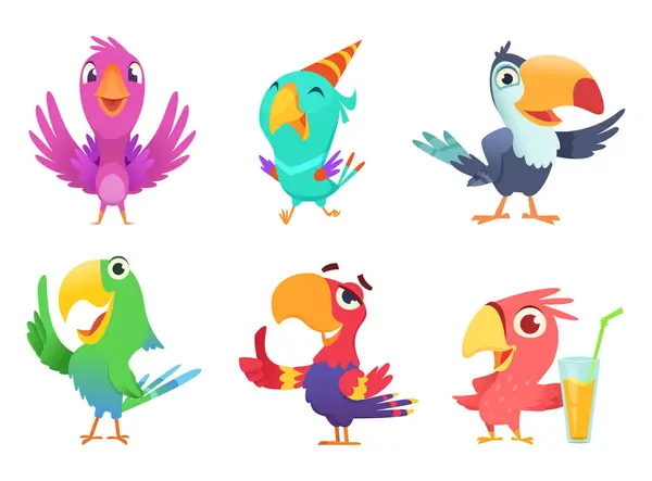 Personnages Perroquets Bande Dessinée Oiseaux Plumes Mignons Aux Ailes Colorées — Image vectorielle