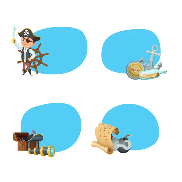 Vector Cartoon Sea Pirates Stickers Place Text Set Illustration — Stock Vector