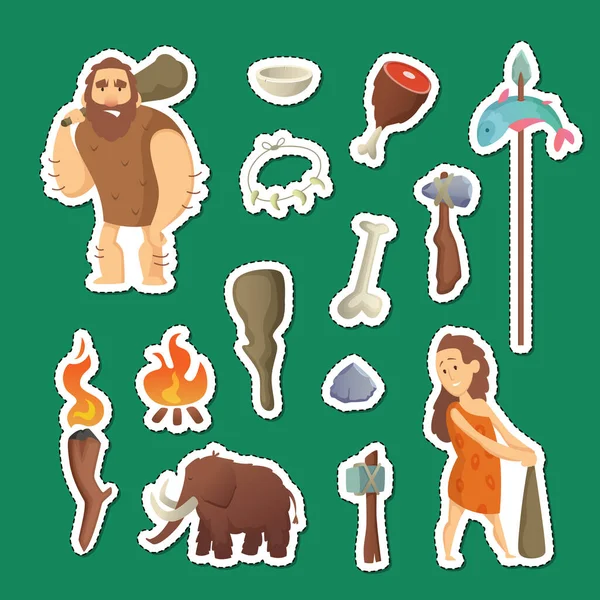 洞穴人的元素 矢量卡通穴居人贴套插图 猛犸象古代 史前和原始 — 图库矢量图片