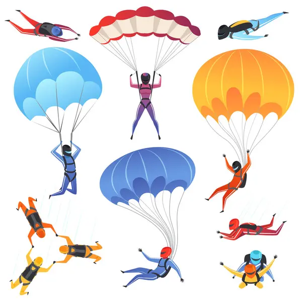 Extreme Parachute Sport Adrenaline Characters Jumping Paragliding Skydiving Fly Aerodynamics — Stock Vector
