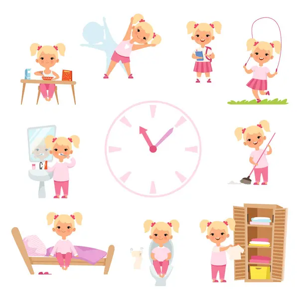 Childrens Daily Routine Male Female Kids Action Poses Vector Girl — Stock Vector