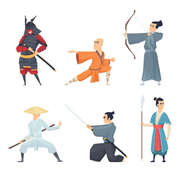 Combattenti Cinesi Eroi Orientali Tradizionali Imperatore Guangdong Samurai Ninja Spada — Vettoriale Stock