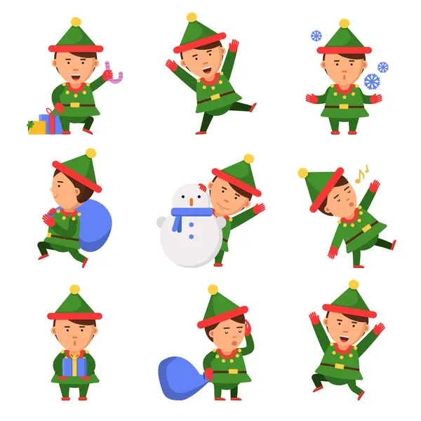 Noel Elf Noel Baba Yardımcıları Cüceler Eylem Vektör Komik Karakterler — Stok Vektör