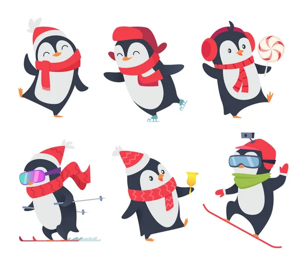 Jolis Pingouins Personnages Bande Dessinée Bébé Doux Hiver Sauvage Animaux — Image vectorielle