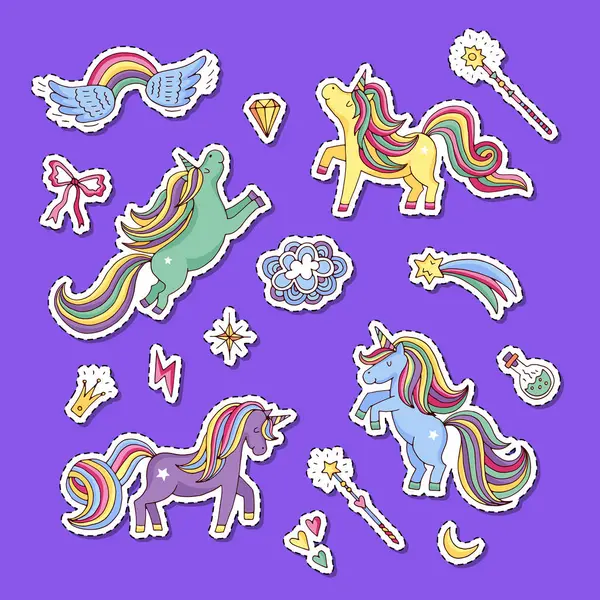 Vektor Tangan Lucu Menggambar Unicorn Ajaib Dan Stiker Bintang Set - Stok Vektor