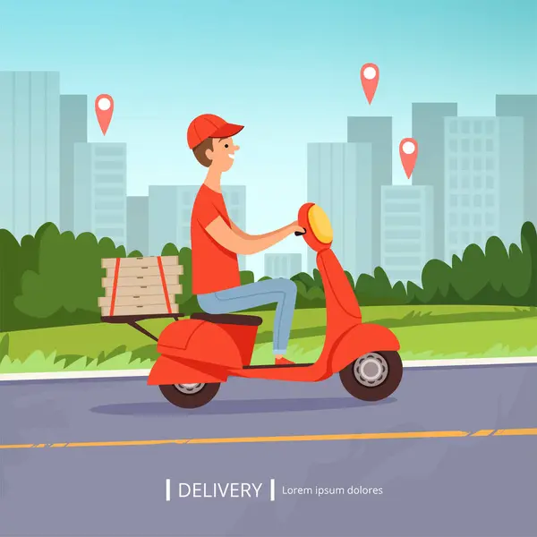送货比萨背景 新鲜食品快速送货人红色摩托车完善的商务服务城市景观 矢量图片 送货服务说明摩托车 快递食品 — 图库矢量图片