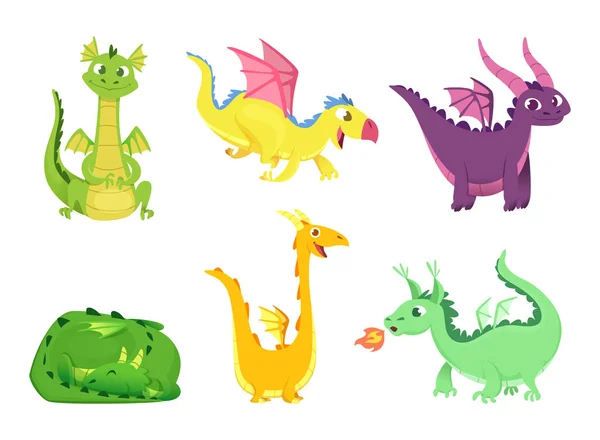 Des Dragons Fantastiques Reptiles Mignons Amphibiens Dragons Conte Fées Avec — Image vectorielle
