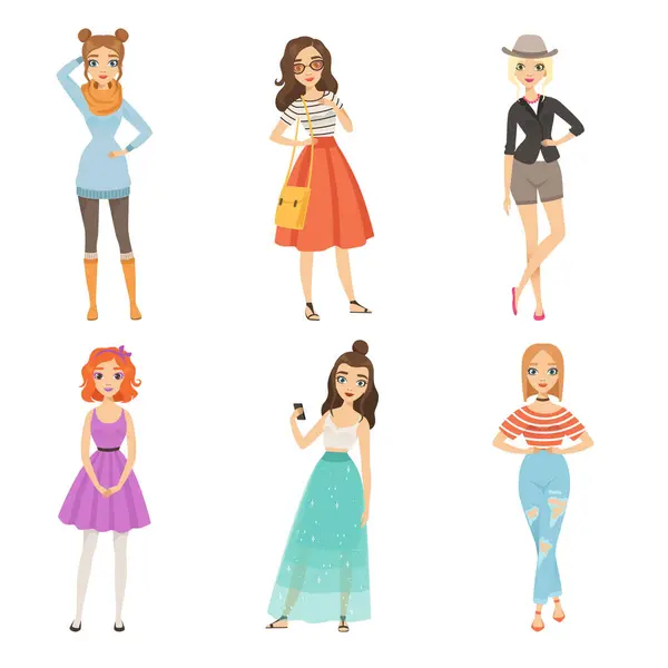 Fashionable Girls Cartoon Female Characters Various Fashion Poses Model Lady — Stock Vector