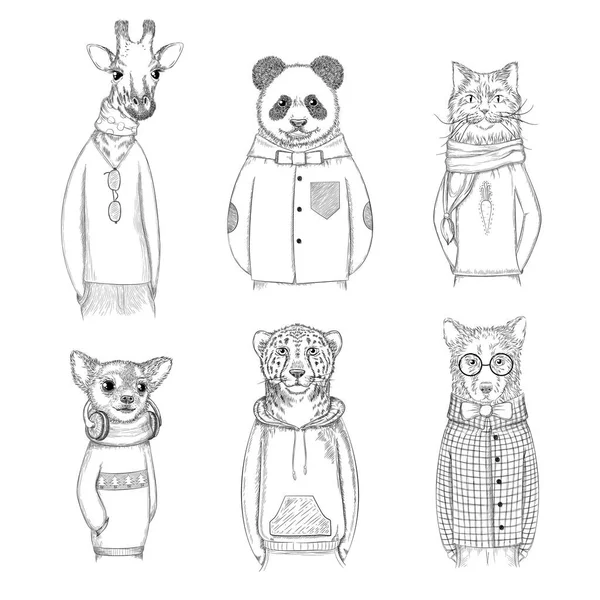 Fashion Animal Characters Hipster Hand Drawn Pictures Animals Various Clothes — Stock Vector