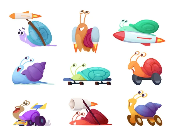快速卡通蜗牛 业务概念特征的竞争快速可爱的蛞蝓矢量种族吉祥物在行动姿势 蜗牛的例证快速和速度 慢动物滑稽 — 图库矢量图片