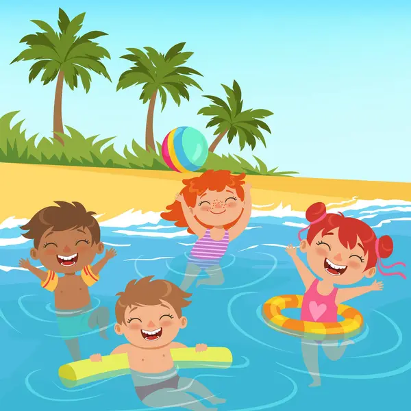 Illustrazioni Sfondo Bambini Felici Piscina Spiaggia Estiva Bambini Sabbia Costiera — Vettoriale Stock