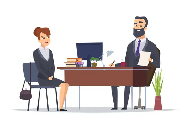 Job interview. Business office meeting hr managers directors chief vector concept characters. Illustration of job interview meeting office, hr manager