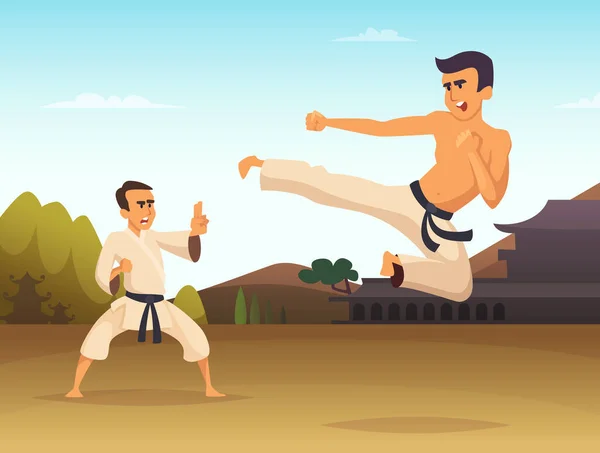 Myśliwce Karate Tło Wektor Ilustracja Kreskówka Wojownik Karate Sport Sztuka — Wektor stockowy