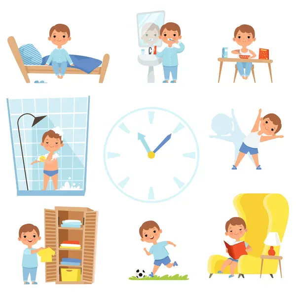 Daily Routine Kids Making Various Cases All Day Vector Child — Stock Vector
