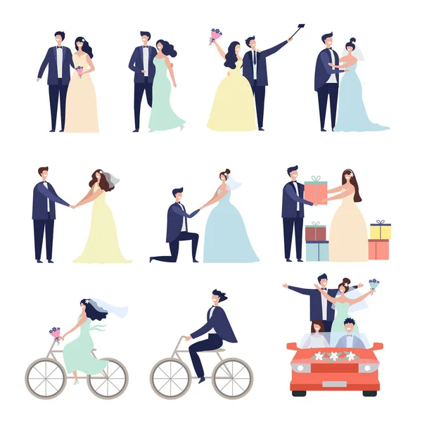 Wedding ceremonial bundle. Marriage love couples happy characters bride preparation celebration vector characters male female. Illustration of couple husband and wife, ceremony marriage wedding
