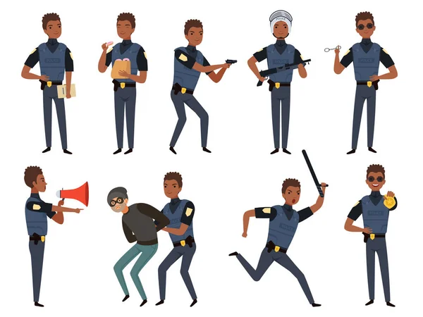 警察的角色 巡逻警察安全当局吉祥物在行动中构成矢量动画片例证 男性巡逻制服 — 图库矢量图片