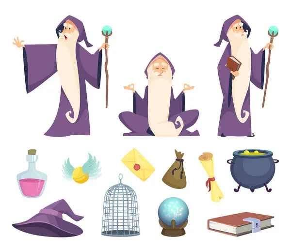 一套魔术师工具和男性巫师字符 在白色背景上隔离的矢量图片 巫师魔术 神秘人物的插图 — 图库矢量图片
